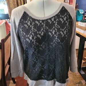 torrid Gray Sweater with Black Lace Front Panel